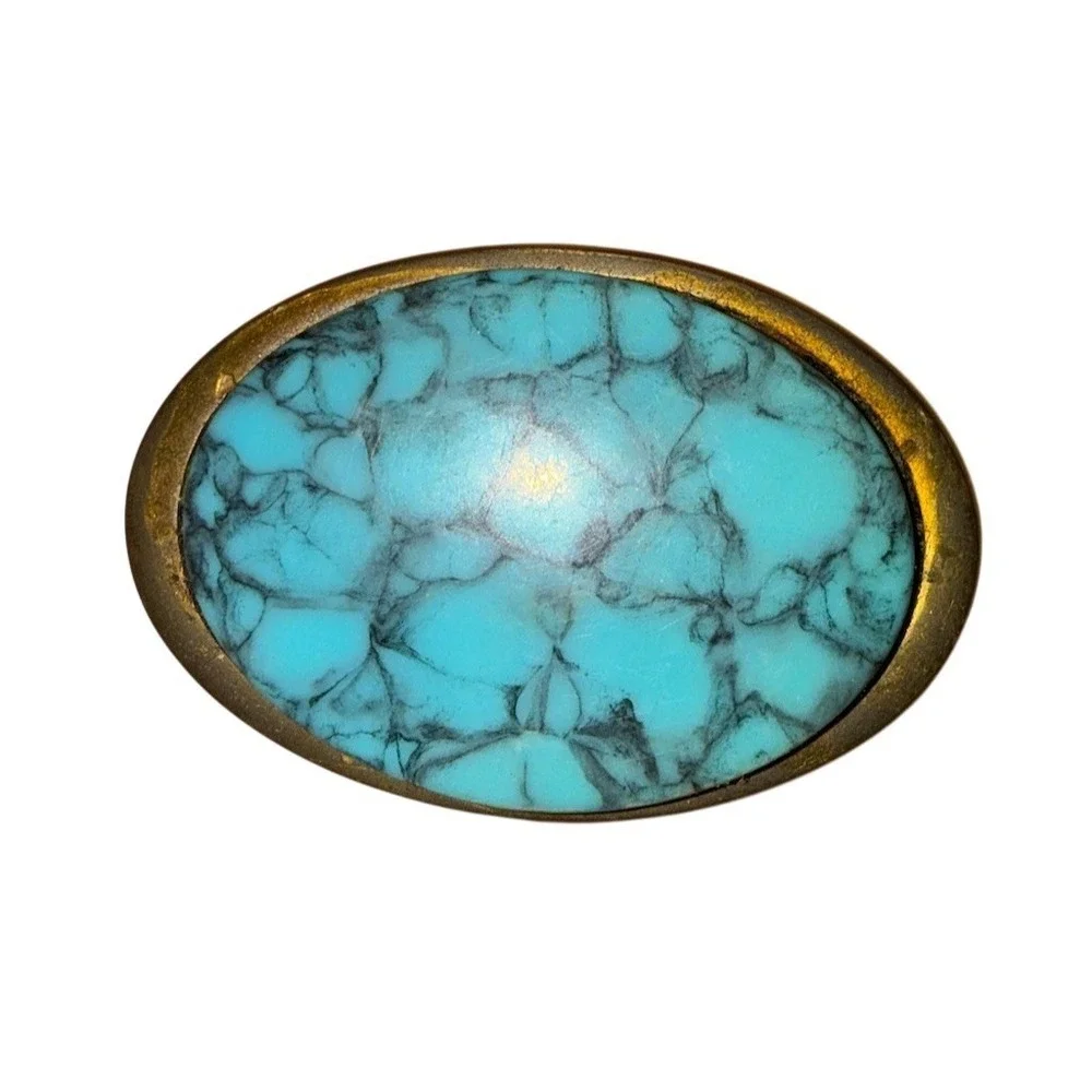 Vintage SIS Belt Buckle Blue Oval Cabochon Western Southwestern Stamped brass